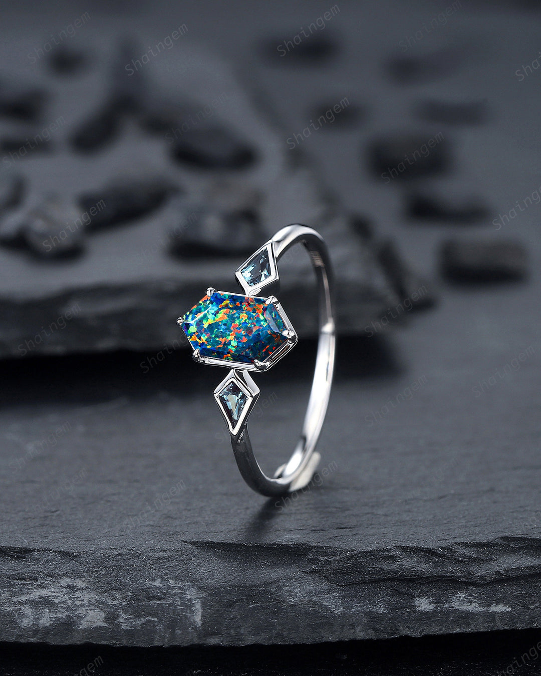 Long Hexagon Black Fire Opal Ring, 14K White Gold Kite Alexandrite Wedding Ring, Three Stone Ring, Anniversary Promise Ring , Bezel Setting - ShainJewelry