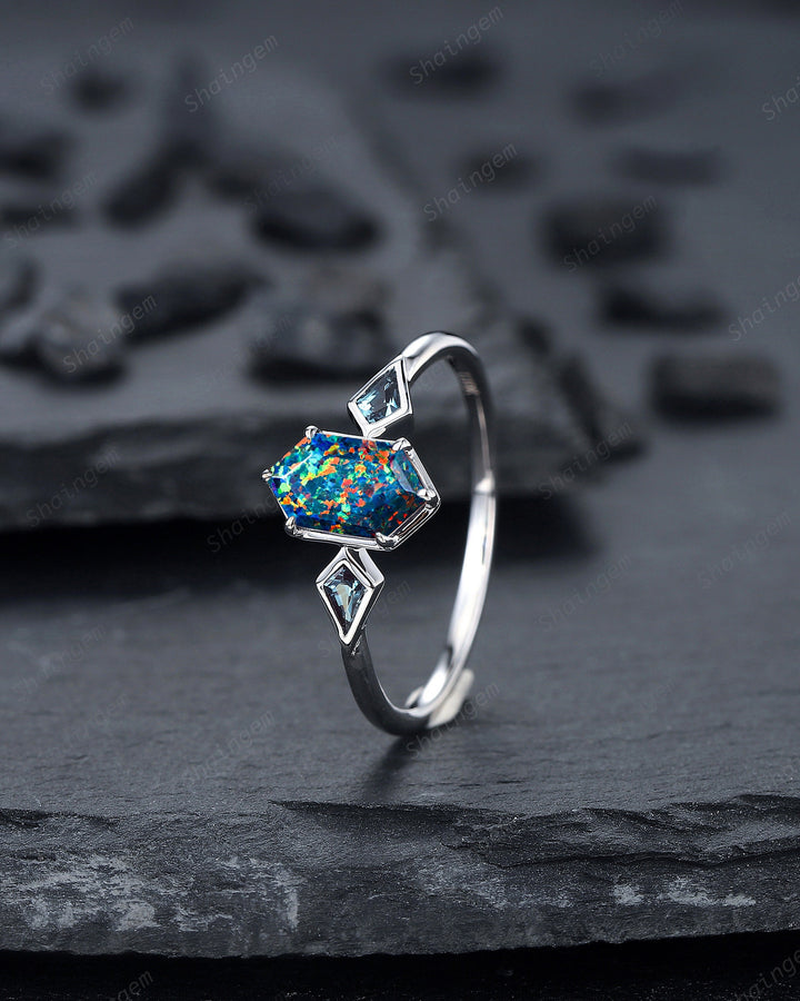 Long Hexagon Black Fire Opal Ring, 14K White Gold Kite Alexandrite Wedding Ring, Three Stone Ring, Anniversary Promise Ring , Bezel Setting - ShainJewelry