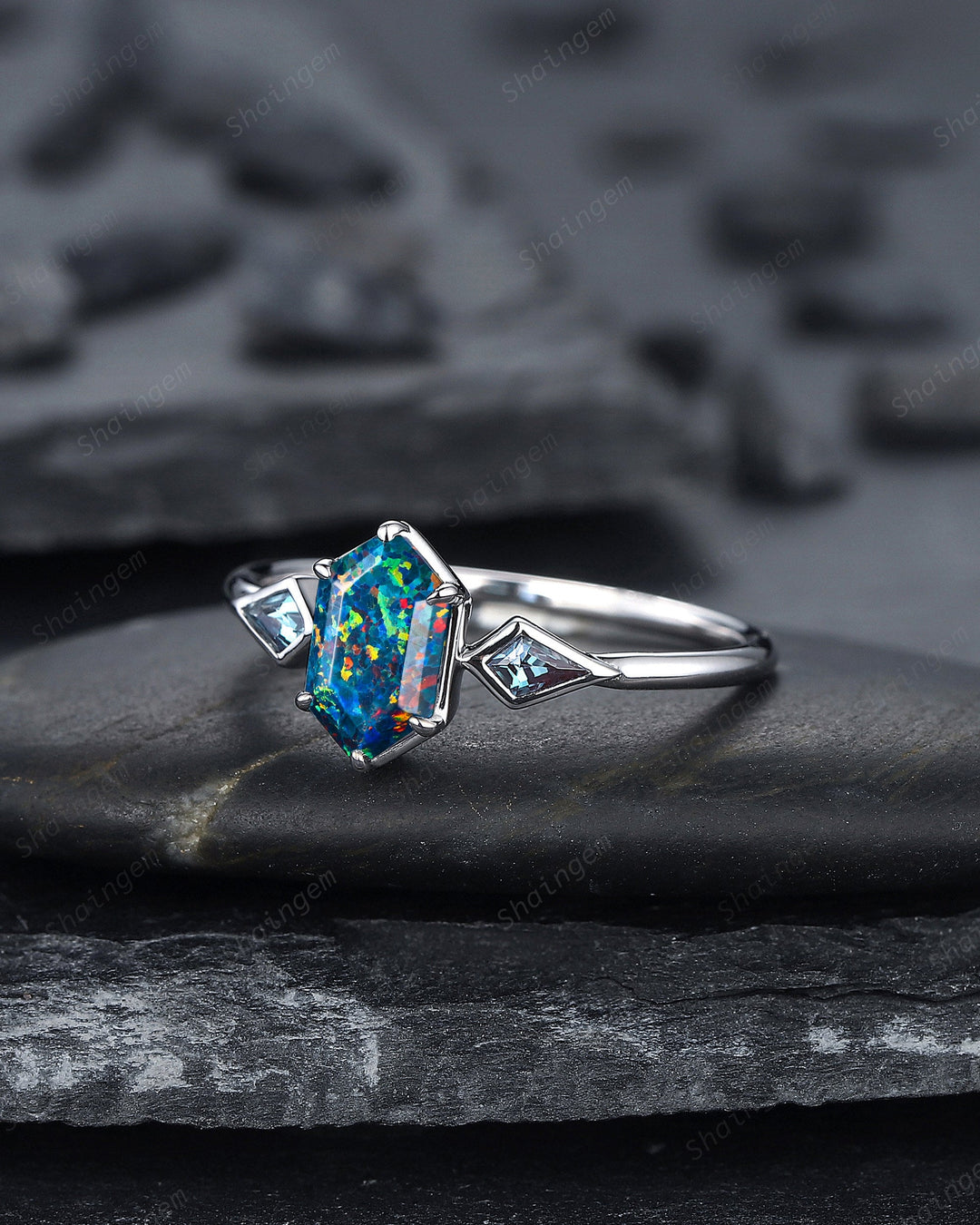 Long Hexagon Black Fire Opal Ring, 14K White Gold Kite Alexandrite Wedding Ring, Three Stone Ring, Anniversary Promise Ring , Bezel Setting - ShainJewelry