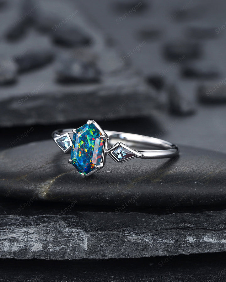 Long Hexagon Black Fire Opal Ring, 14K White Gold Kite Alexandrite Wedding Ring, Three Stone Ring, Anniversary Promise Ring , Bezel Setting - ShainJewelry