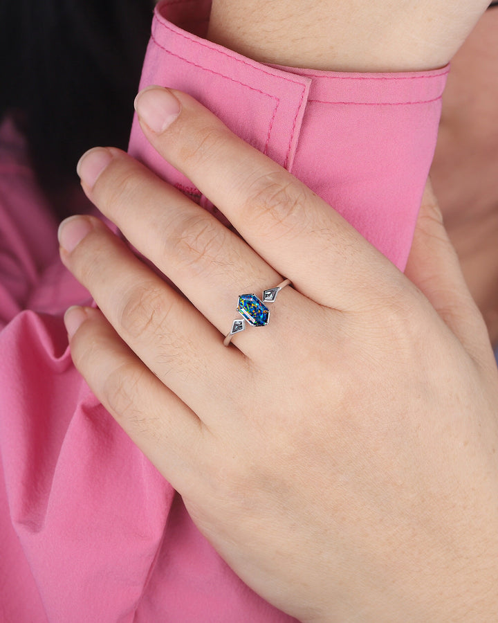Long Hexagon Black Fire Opal Ring, 14K White Gold Kite Alexandrite Wedding Ring, Three Stone Ring, Anniversary Promise Ring , Bezel Setting - ShainJewelry