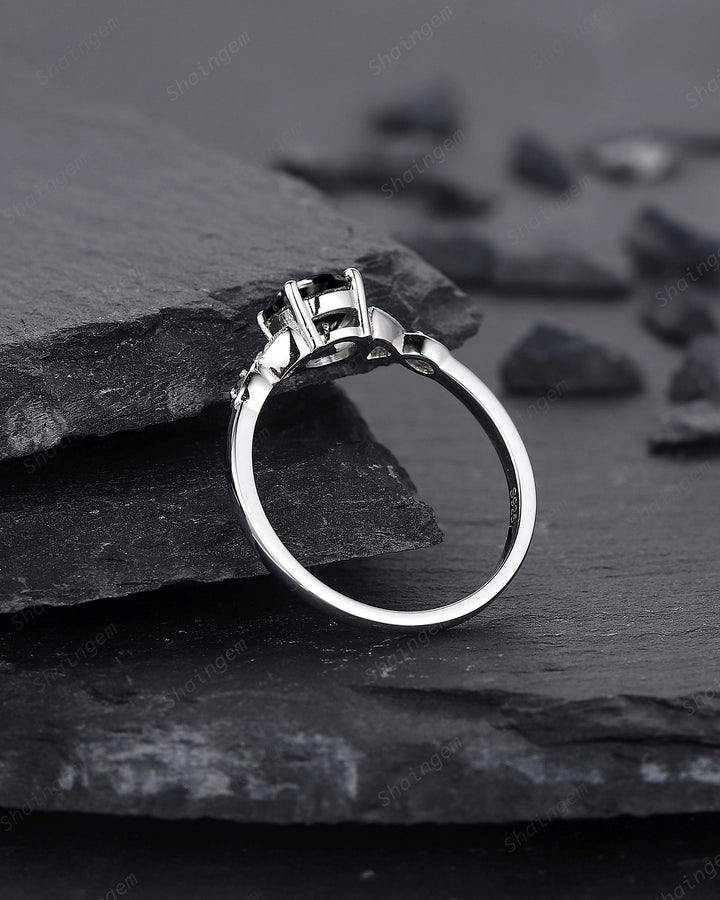 6mm Round Shape Natural Black Diamond Engagement Ring ,White Gold Diamond Promise Ring, Diamond Wedding Anniversary Ring Gift for Women - ShainJewelry
