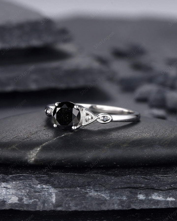 6mm Round Shape Natural Black Diamond Engagement Ring ,White Gold Diamond Promise Ring, Diamond Wedding Anniversary Ring Gift for Women - ShainJewelry