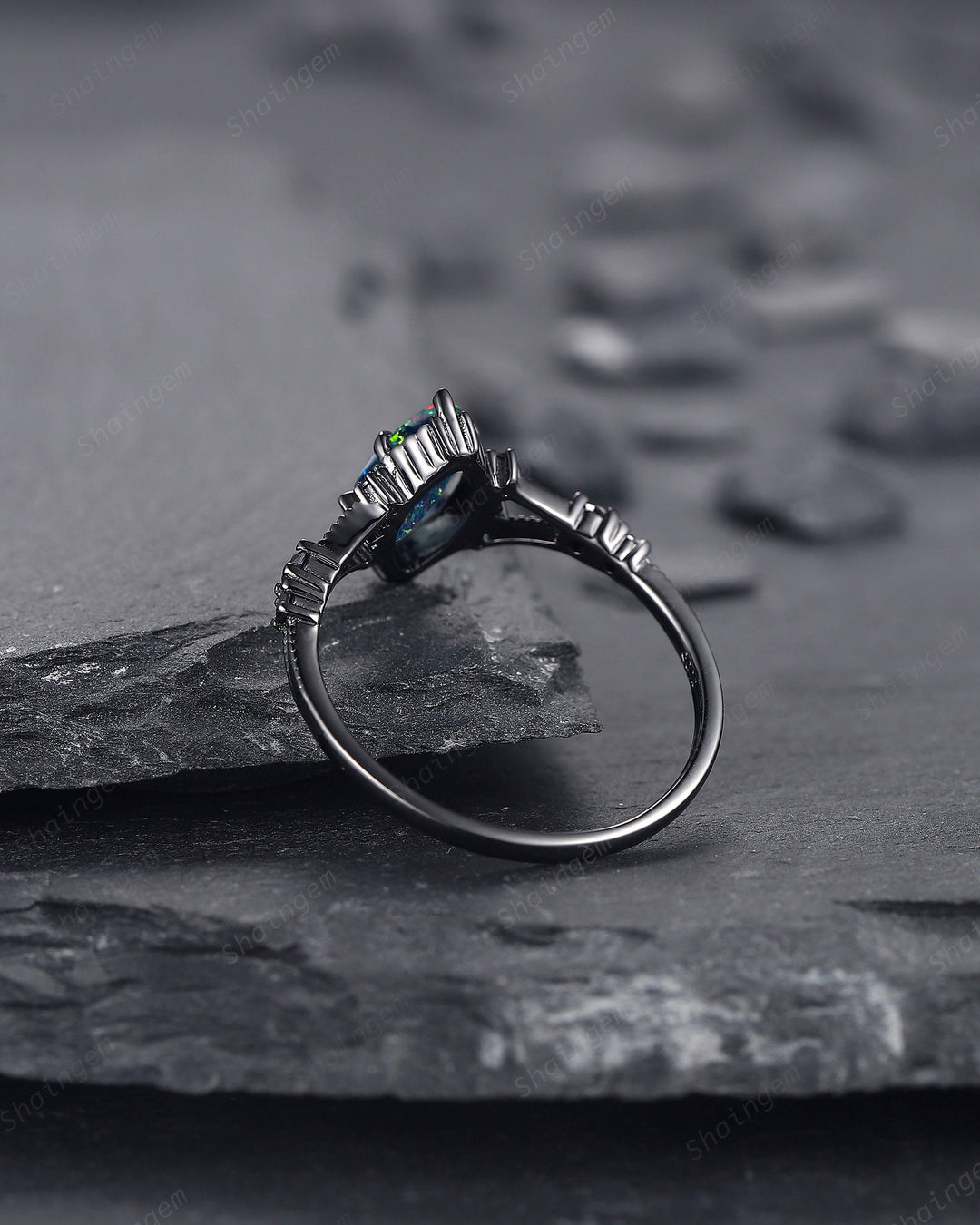 Marquise Shape Black Fire Opal Engagement Ring, Black Gold Multi Fire Opal Promise Ring, Unique Rhodium Black Witchy Ring Gift for Women - ShainJewelry