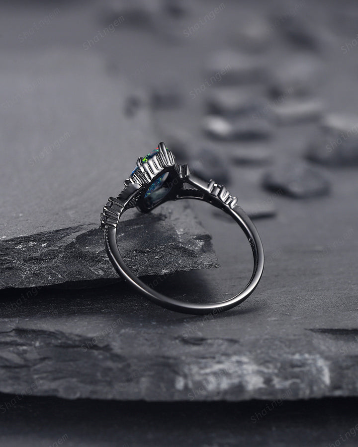 Marquise Shape Black Fire Opal Engagement Ring, Black Gold Multi Fire Opal Promise Ring, Unique Rhodium Black Witchy Ring Gift for Women - ShainJewelry