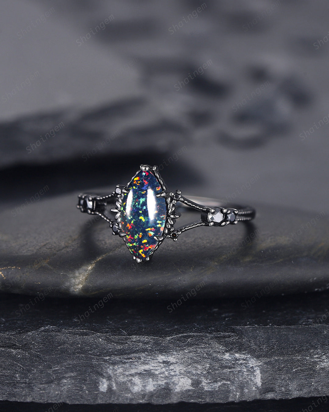 Marquise Shape Black Fire Opal Engagement Ring, Black Gold Multi Fire Opal Promise Ring, Unique Rhodium Black Witchy Ring Gift for Women - ShainJewelry