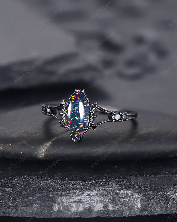 Marquise Shape Black Fire Opal Engagement Ring, Black Gold Multi Fire Opal Promise Ring, Unique Rhodium Black Witchy Ring Gift for Women - ShainJewelry