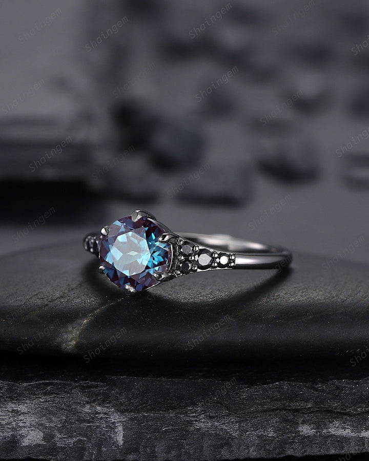 Unique Black Gold Round Shape Alexandrite Engagement Ring, Vintage Rhodium Black Hip Hop Wedding Ring, Gothic June Birthstone Promise Ring - ShainJewelry