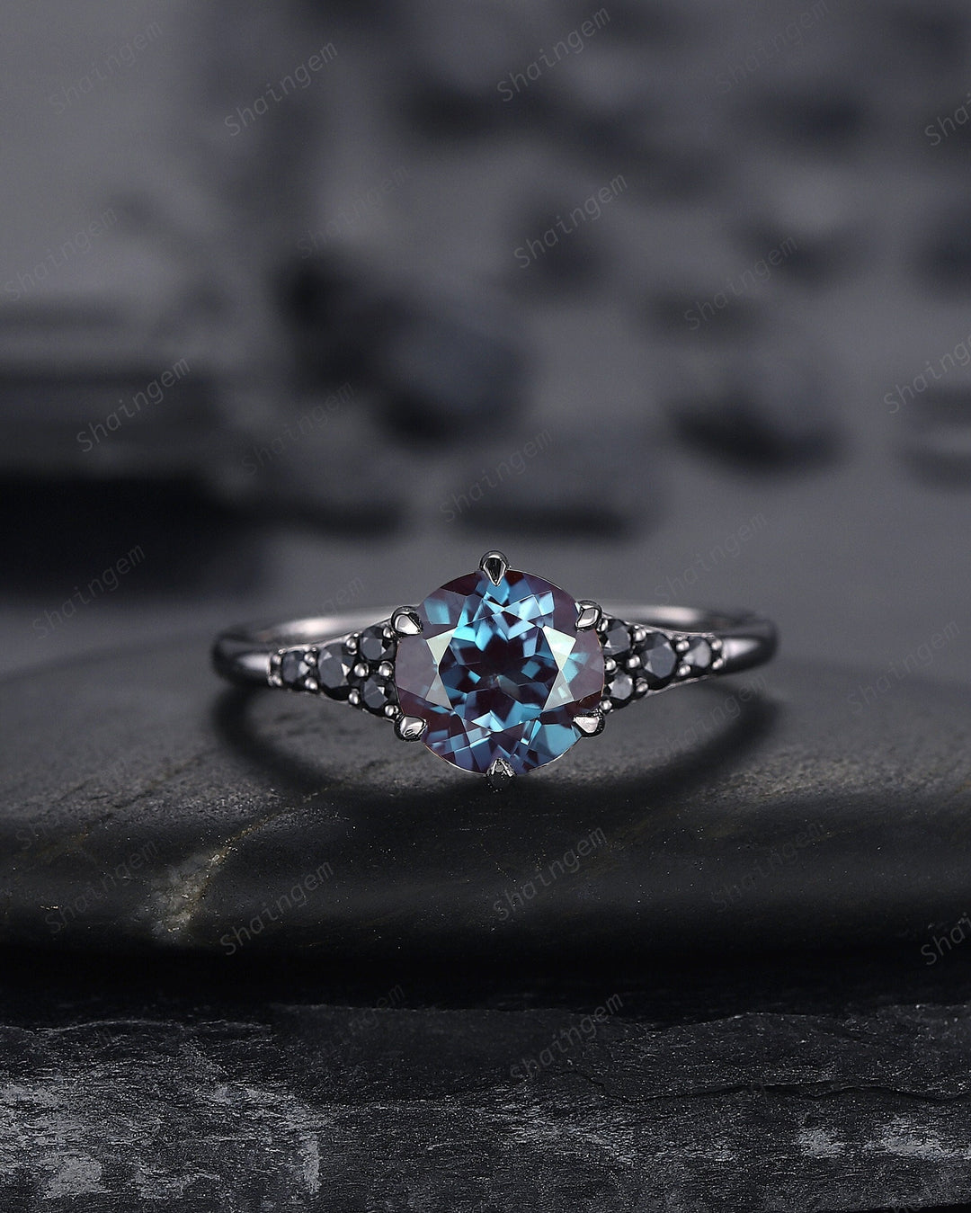 Unique Black Gold Round Shape Alexandrite Engagement Ring, Vintage Rhodium Black Hip Hop Wedding Ring, Gothic June Birthstone Promise Ring - ShainJewelry