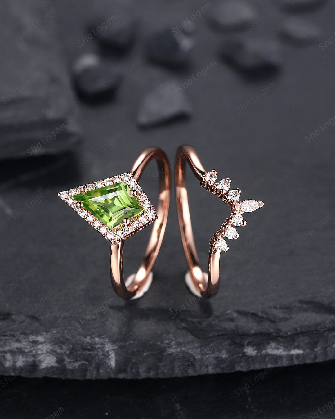 Vintage Kite Shape Peridot Halo Engagement Ring Set, V Shape 14K Rose Gold Peridot Promise Ring, Peridot Bridal Set, Wedding Ring Mom Gift - ShainJewelry