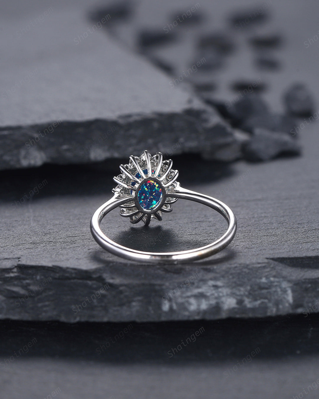 Sunflower Black Fire Opal Engagement Ring, White Gold Moissanite Halo Wedding Ring, Oval Shape Opal Floral Anniversary Promise Ring Gift - ShainJewelry