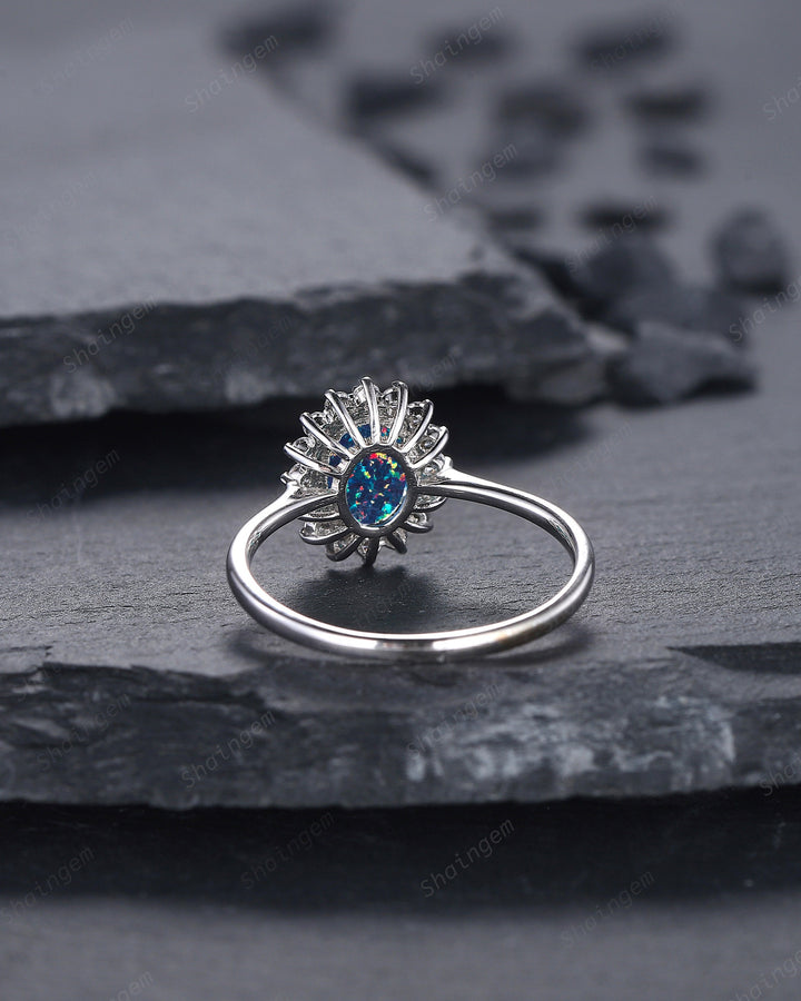 Sunflower Black Fire Opal Engagement Ring, White Gold Moissanite Halo Wedding Ring, Oval Shape Opal Floral Anniversary Promise Ring Gift - ShainJewelry