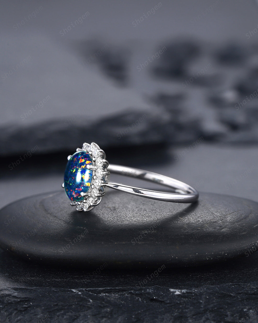 Sunflower Black Fire Opal Engagement Ring, White Gold Moissanite Halo Wedding Ring, Oval Shape Opal Floral Anniversary Promise Ring Gift - ShainJewelry