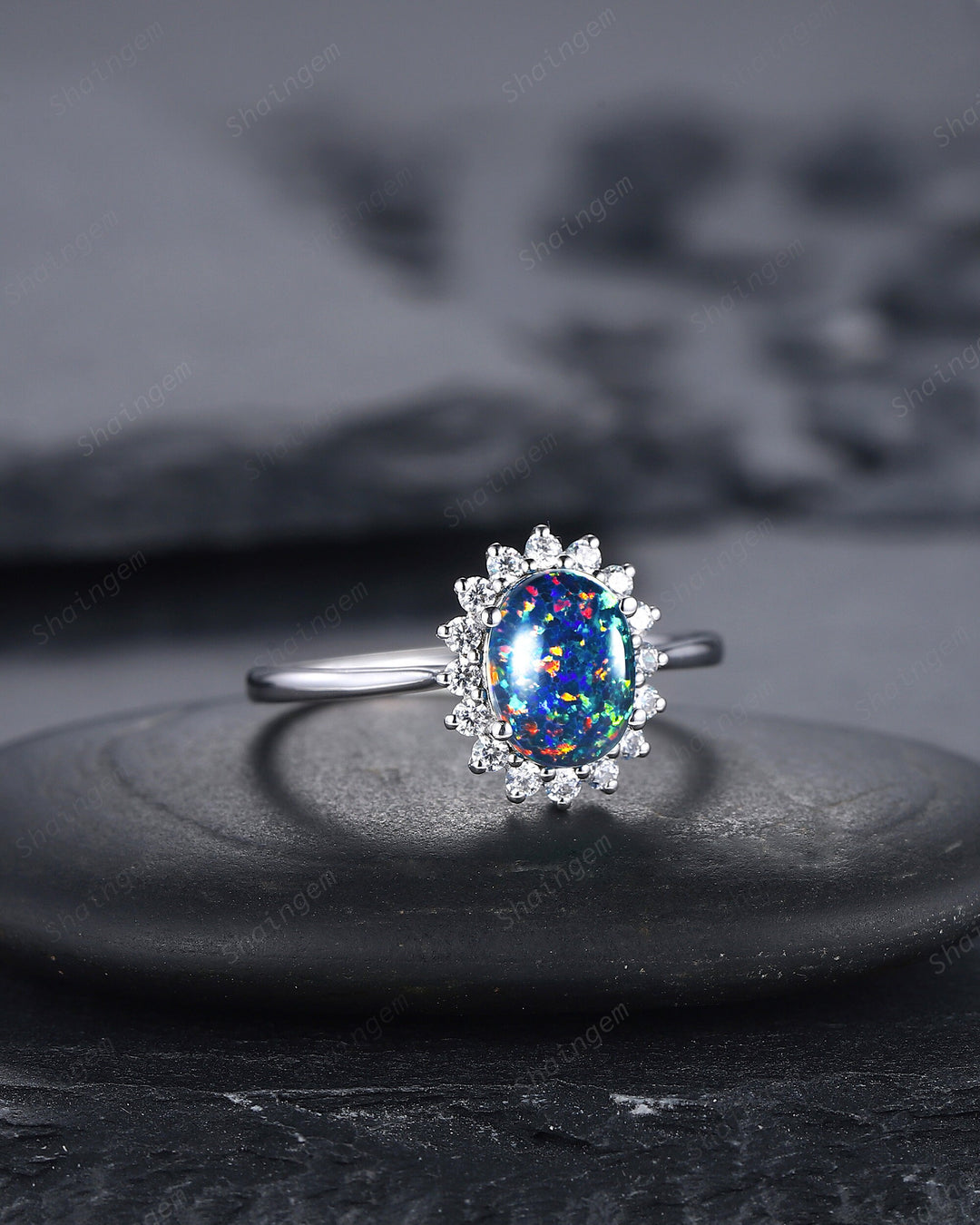 Sunflower Black Fire Opal Engagement Ring, White Gold Moissanite Halo Wedding Ring, Oval Shape Opal Floral Anniversary Promise Ring Gift - ShainJewelry