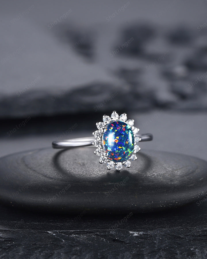 Sunflower Black Fire Opal Engagement Ring, White Gold Moissanite Halo Wedding Ring, Oval Shape Opal Floral Anniversary Promise Ring Gift - ShainJewelry