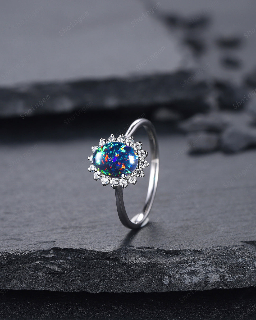 Sunflower Black Fire Opal Engagement Ring, White Gold Moissanite Halo Wedding Ring, Oval Shape Opal Floral Anniversary Promise Ring Gift - ShainJewelry