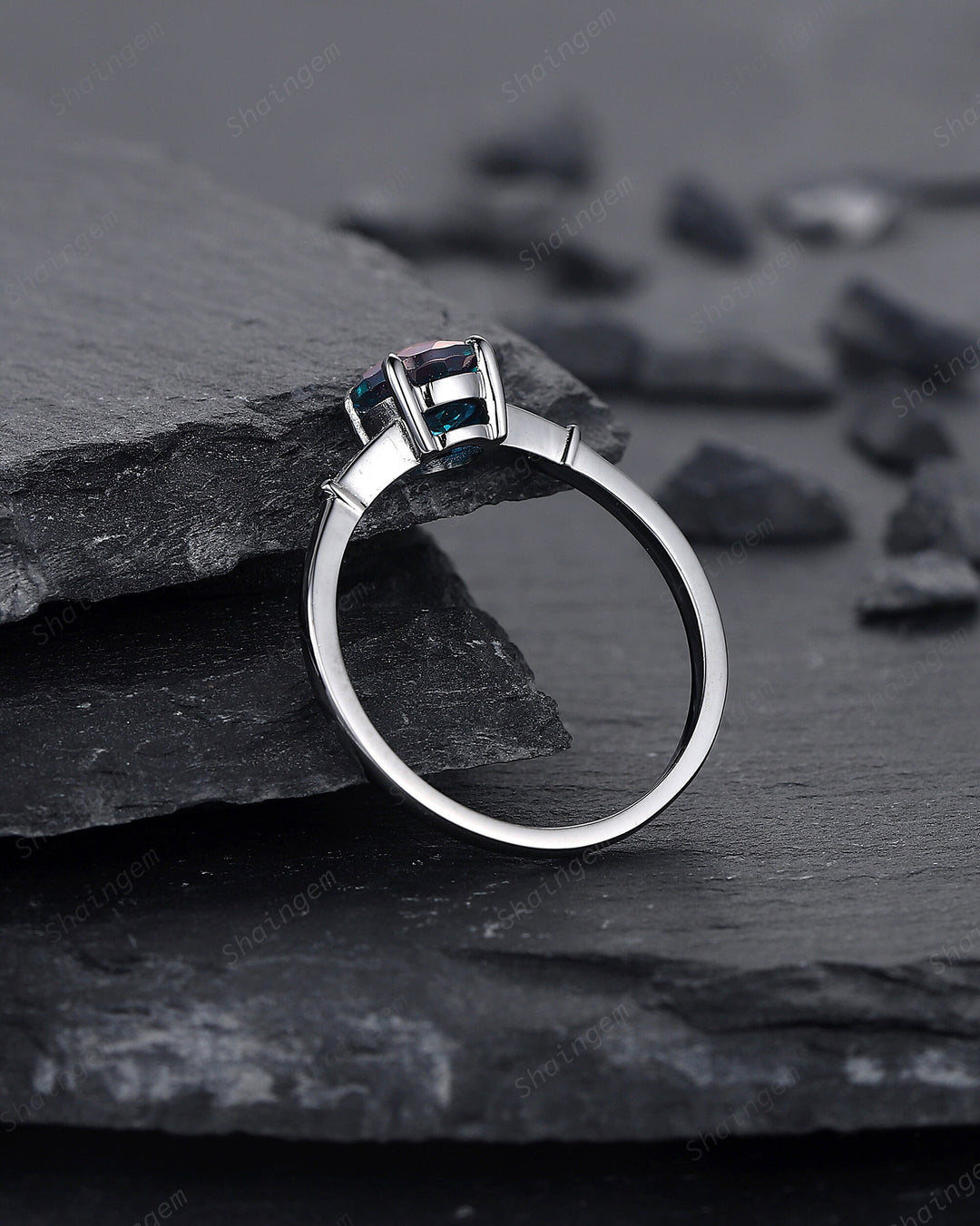 Gothic Black Gold Round Shape Alexandrite Engagement Ring, Vintage Rhodium Black Wedding Ring, Unique June Birthstone Promise Ring Gift - ShainJewelry