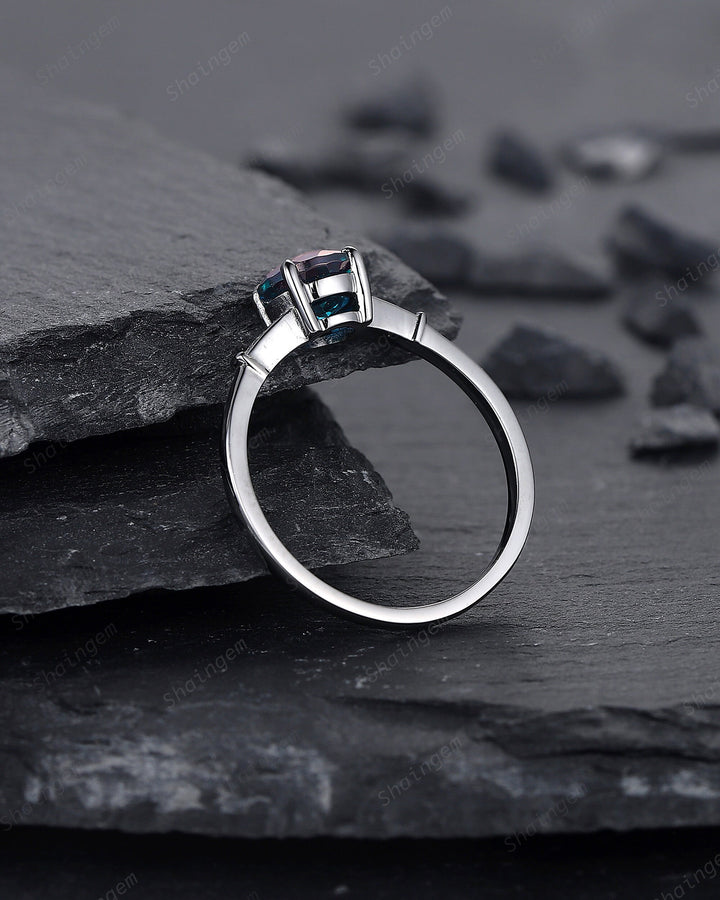 Gothic Black Gold Round Shape Alexandrite Engagement Ring, Vintage Rhodium Black Wedding Ring, Unique June Birthstone Promise Ring Gift - ShainJewelry