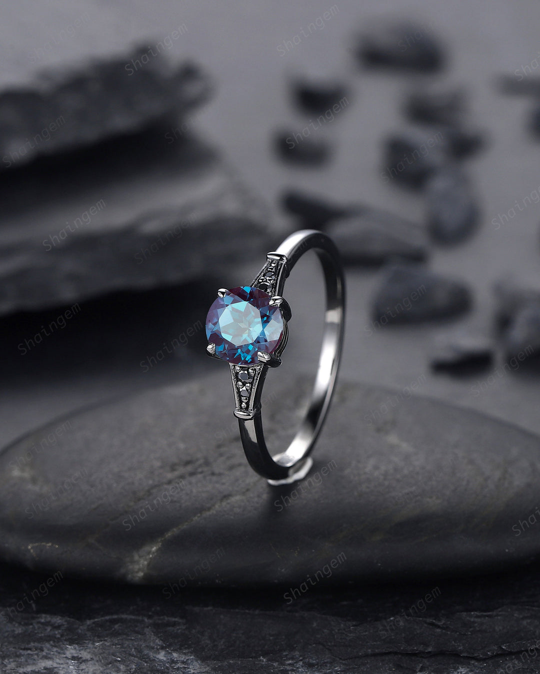 Gothic Black Gold Round Shape Alexandrite Engagement Ring, Vintage Rhodium Black Wedding Ring, Unique June Birthstone Promise Ring Gift - ShainJewelry