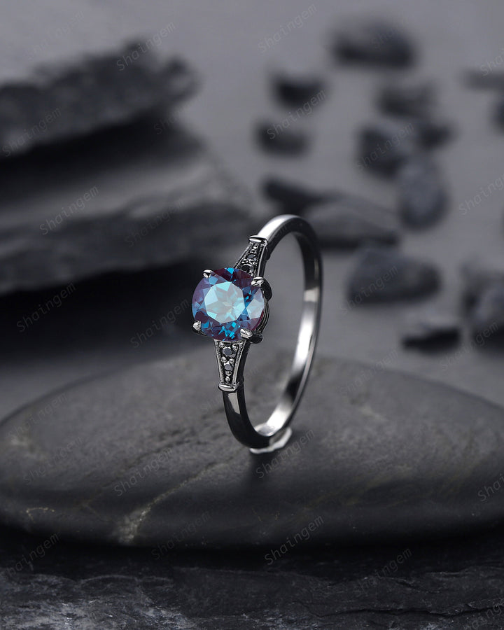 Gothic Black Gold Round Shape Alexandrite Engagement Ring, Vintage Rhodium Black Wedding Ring, Unique June Birthstone Promise Ring Gift - ShainJewelry