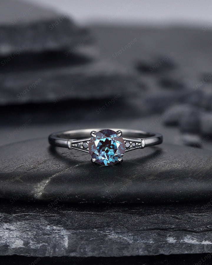 Gothic Black Gold Round Shape Alexandrite Engagement Ring, Vintage Rhodium Black Wedding Ring, Unique June Birthstone Promise Ring Gift - ShainJewelry