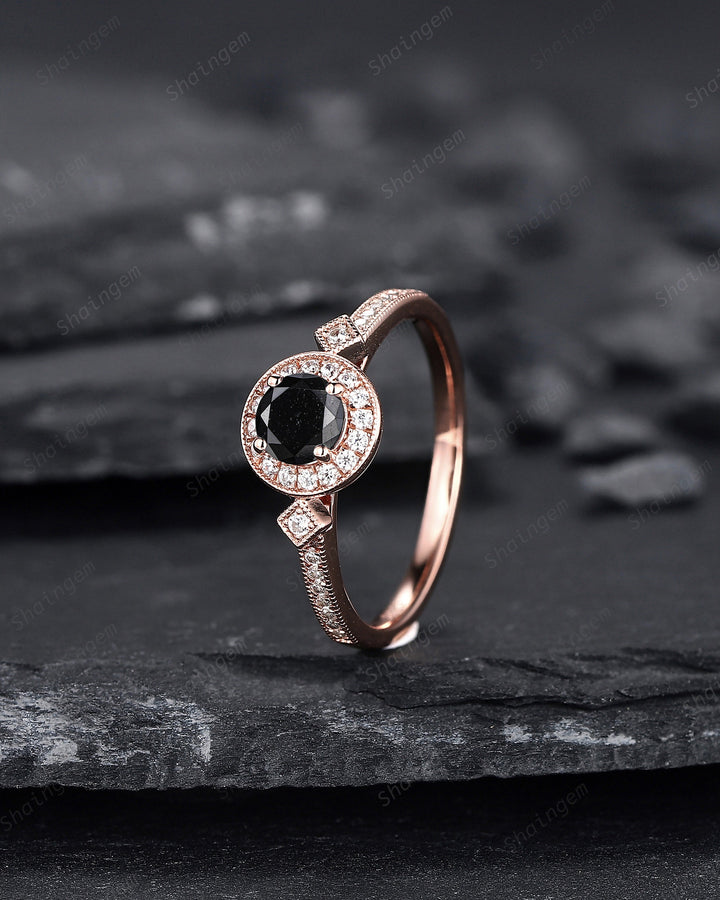 Natural Black Diamond Engagement Ring ,14K 18K Rose Gold 0.5 CT Round Shape Black Diamond Halo Promise Ring Half Eternity Wedding Ring Gift - ShainJewelry