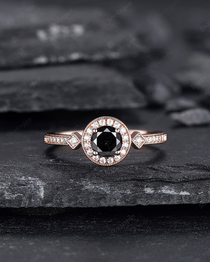 Natural Black Diamond Engagement Ring ,14K 18K Rose Gold 0.5 CT Round Shape Black Diamond Halo Promise Ring Half Eternity Wedding Ring Gift - ShainJewelry