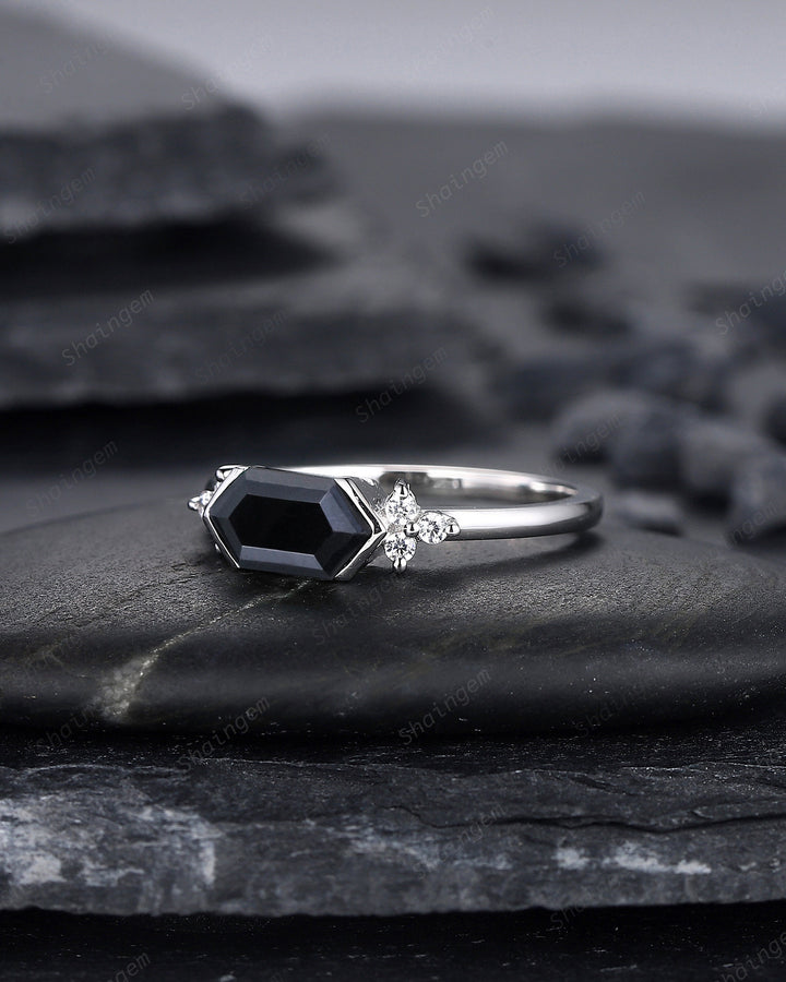 Vintage Long Hexagon Black Onyx Engagement Ring, Unique White Gold Cluster Wedding Ring, Art Deco Black Onyx Promise Ring Gift For Women - ShainJewelry