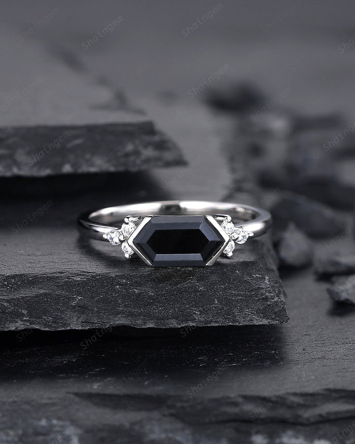 Vintage Long Hexagon Black Onyx Engagement Ring, Unique White Gold Cluster Wedding Ring, Art Deco Black Onyx Promise Ring Gift For Women - ShainJewelry