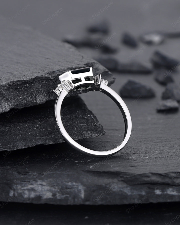 Vintage Long Hexagon Black Onyx Engagement Ring, Unique White Gold Cluster Wedding Ring, Art Deco Black Onyx Promise Ring Gift For Women - ShainJewelry