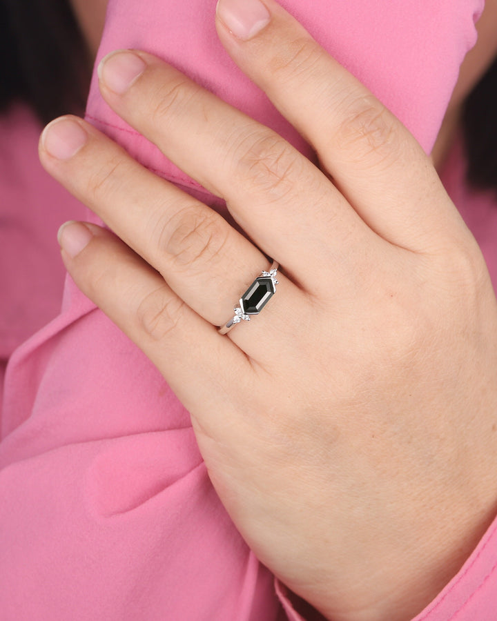 Vintage Long Hexagon Black Onyx Engagement Ring, Unique White Gold Cluster Wedding Ring, Art Deco Black Onyx Promise Ring Gift For Women - ShainJewelry