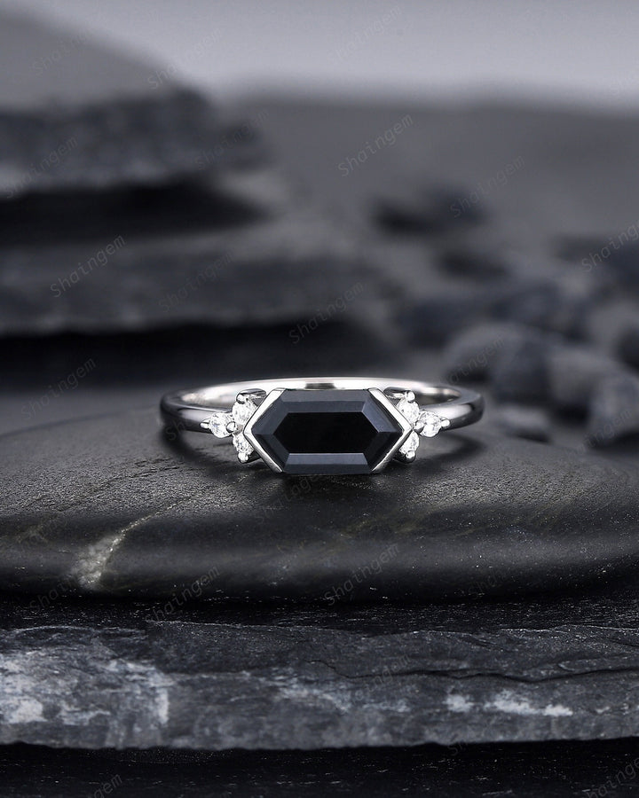 Vintage Long Hexagon Black Onyx Engagement Ring, Unique White Gold Cluster Wedding Ring, Art Deco Black Onyx Promise Ring Gift For Women - ShainJewelry
