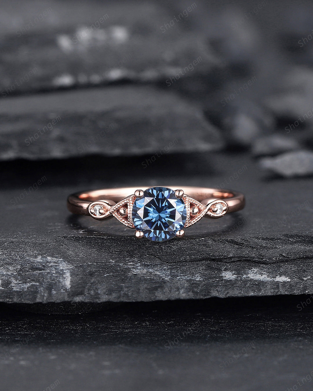 Vintage Round Shape Blue Moissanite Engagement Ring, Unique Rose Gold Moissanite Promise Ring, Nature Inspired Wedding Ring Gift for Women - ShainJewelry