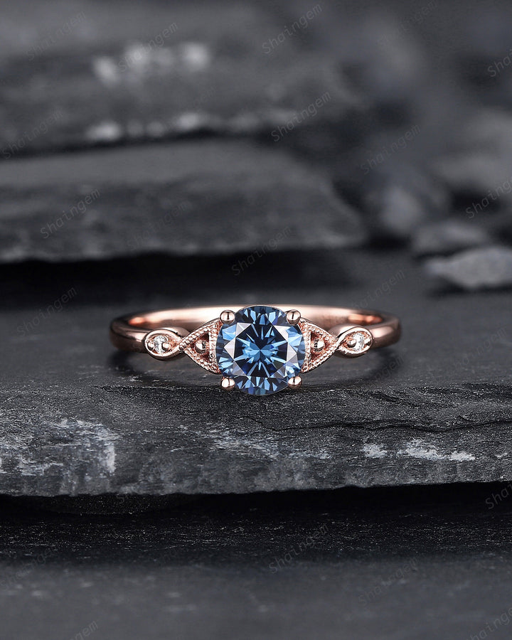 Vintage Round Shape Blue Moissanite Engagement Ring, Unique Rose Gold Moissanite Promise Ring, Nature Inspired Wedding Ring Gift for Women - ShainJewelry