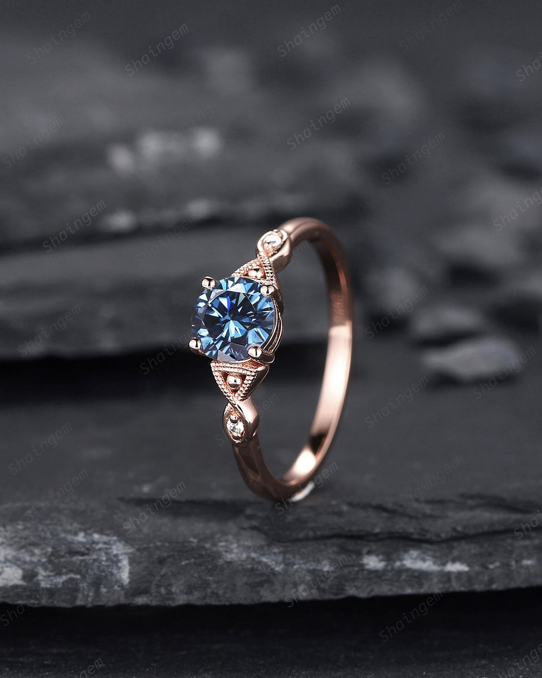 Vintage Round Shape Blue Moissanite Engagement Ring, Unique Rose Gold Moissanite Promise Ring, Nature Inspired Wedding Ring Gift for Women - ShainJewelry