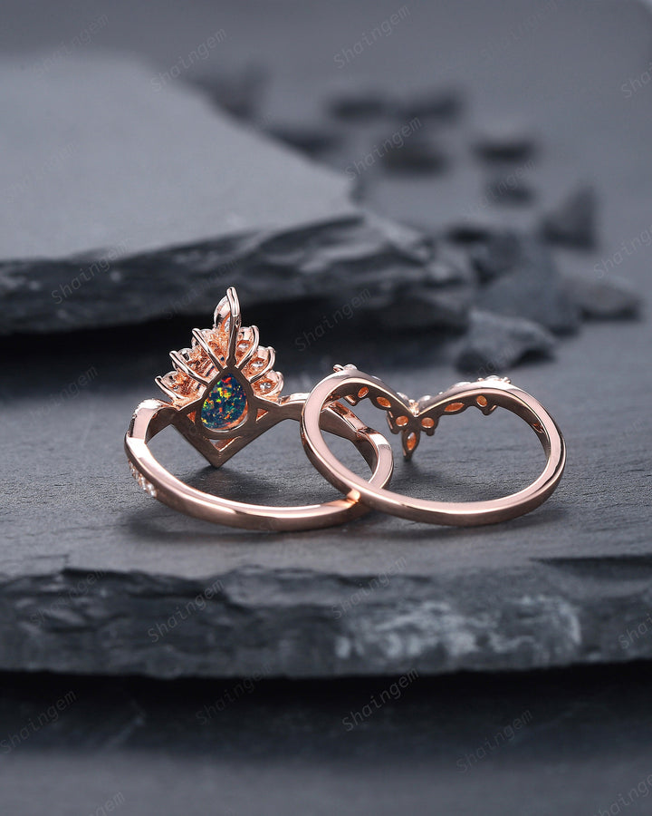 Pear Shape Black Fire Opal Engagement Ring Set, Unique 14K Rose Gold Black Opal Wedding Ring Bridal Set, V Shape Promise Ring Gift for Women - ShainJewelry