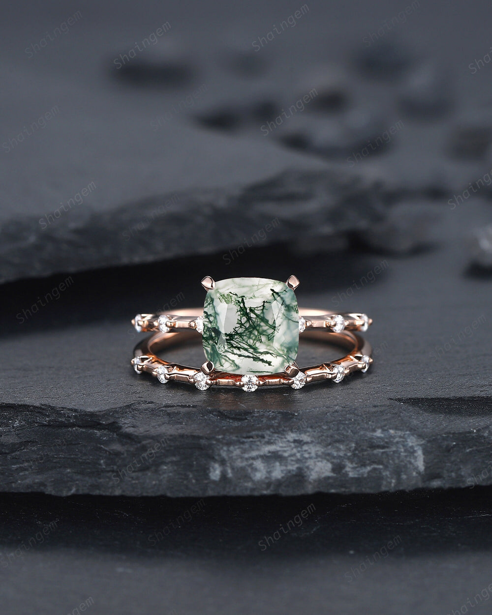 Square Cushion Cut Moss Agate and Diamond Engagement Ring Set, Unique Moss Agate Wedding Set, Art Deco Rose Gold Bridal Set Promise Ring - ShainJewelry