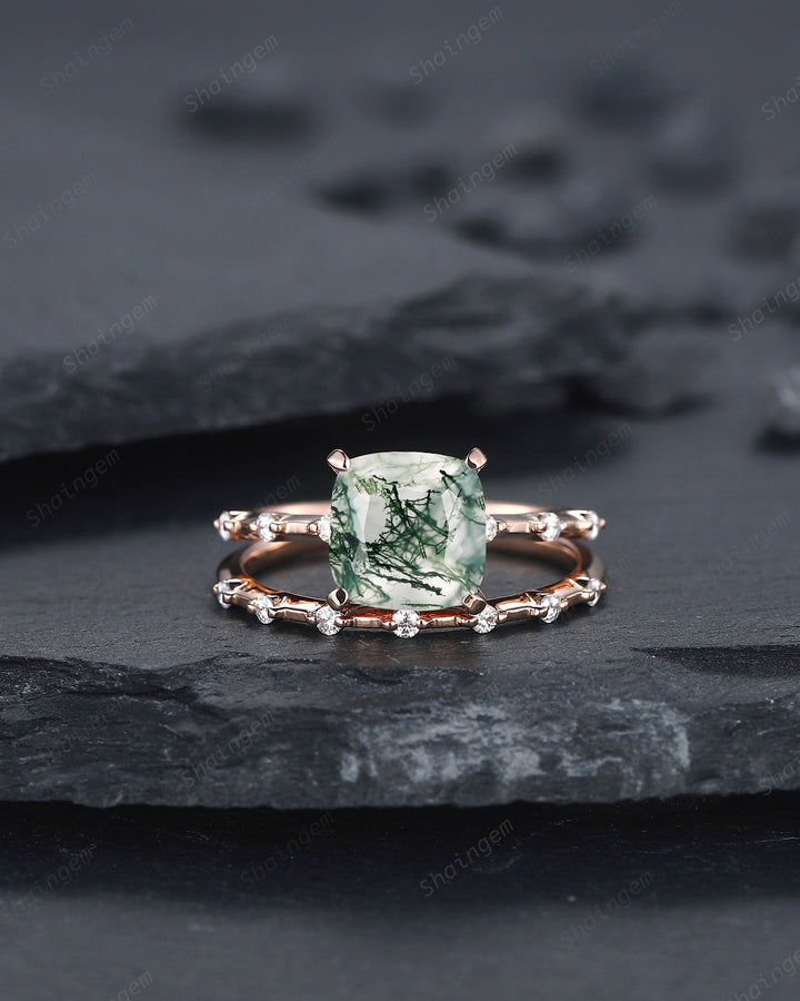 Square Cushion Cut Moss Agate and Diamond Engagement Ring Set, Unique Moss Agate Wedding Set, Art Deco Rose Gold Bridal Set Promise Ring - ShainJewelry