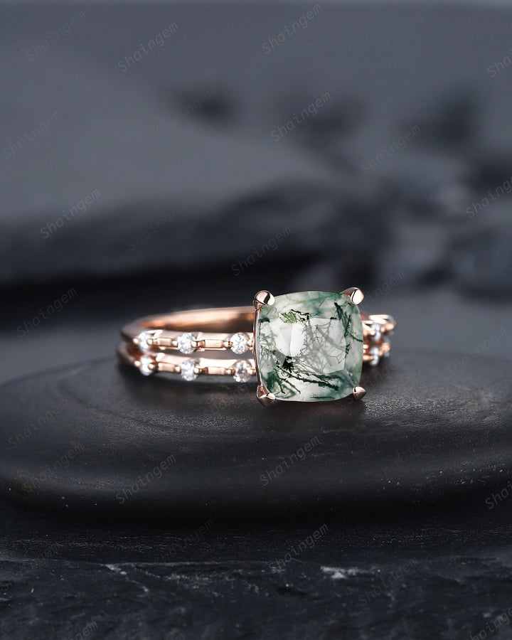 Square Cushion Cut Moss Agate and Diamond Engagement Ring Set, Unique Moss Agate Wedding Set, Art Deco Rose Gold Bridal Set Promise Ring - ShainJewelry