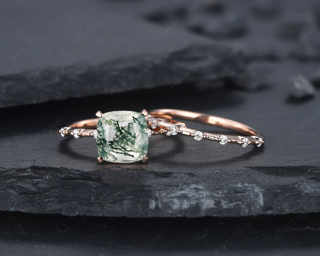 Square Cushion Cut Moss Agate and Diamond Engagement Ring Set, Unique Moss Agate Wedding Set, Art Deco Rose Gold Bridal Set Promise Ring - ShainJewelry
