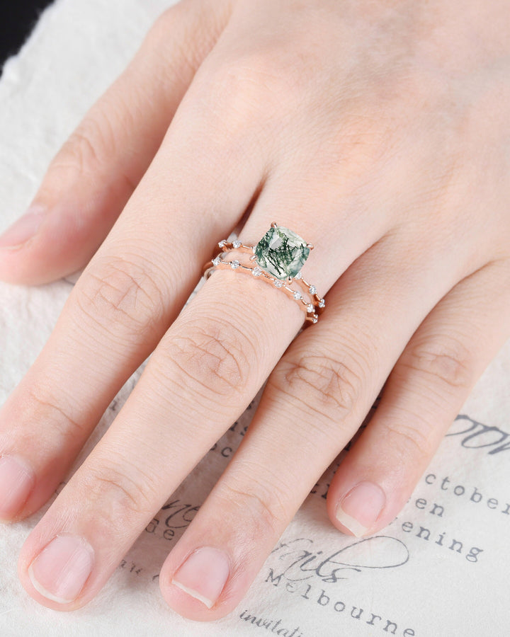 Square Cushion Cut Moss Agate and Diamond Engagement Ring Set, Unique Moss Agate Wedding Set, Art Deco Rose Gold Bridal Set Promise Ring - ShainJewelry