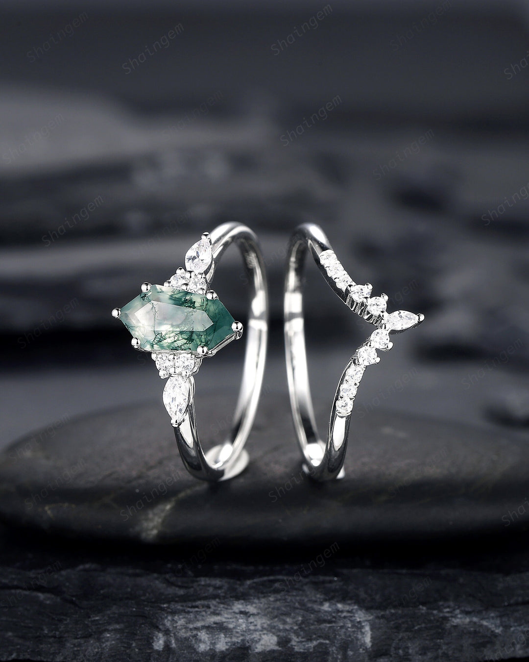 Unique Shield Moss Agate and Diamond Engagement Ring, White Gold Geometric Green Moss Agate Bridal Set, Promise Wedding Ring Gift for her - ShainJewelry