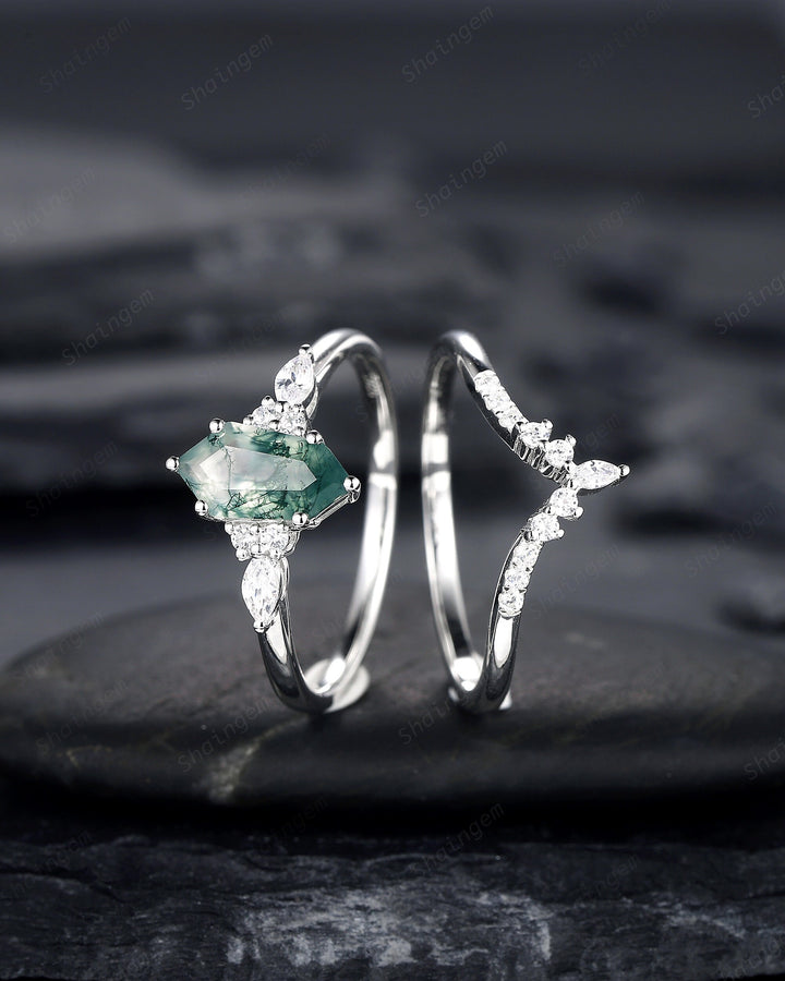 Unique Shield Moss Agate and Diamond Engagement Ring, White Gold Geometric Green Moss Agate Bridal Set, Promise Wedding Ring Gift for her - ShainJewelry