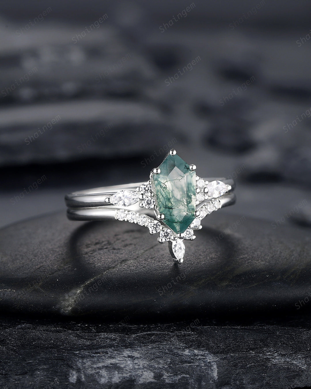 Unique Shield Moss Agate and Diamond Engagement Ring, White Gold Geometric Green Moss Agate Bridal Set, Promise Wedding Ring Gift for her - ShainJewelry