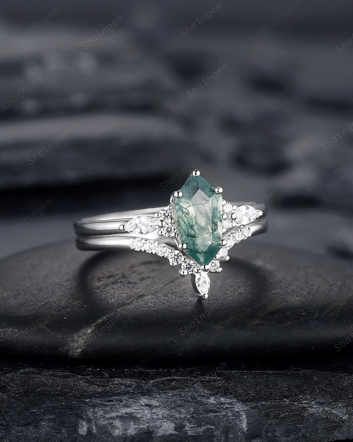 Unique Shield Moss Agate and Diamond Engagement Ring, White Gold Geometric Green Moss Agate Bridal Set, Promise Wedding Ring Gift for her - ShainJewelry