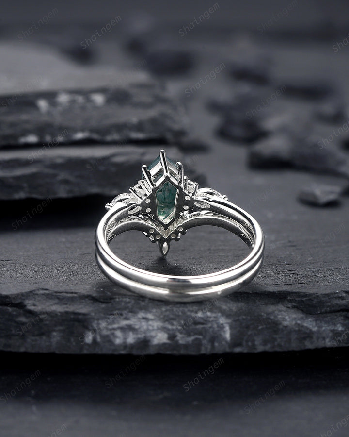 Unique Shield Moss Agate and Diamond Engagement Ring, White Gold Geometric Green Moss Agate Bridal Set, Promise Wedding Ring Gift for her - ShainJewelry