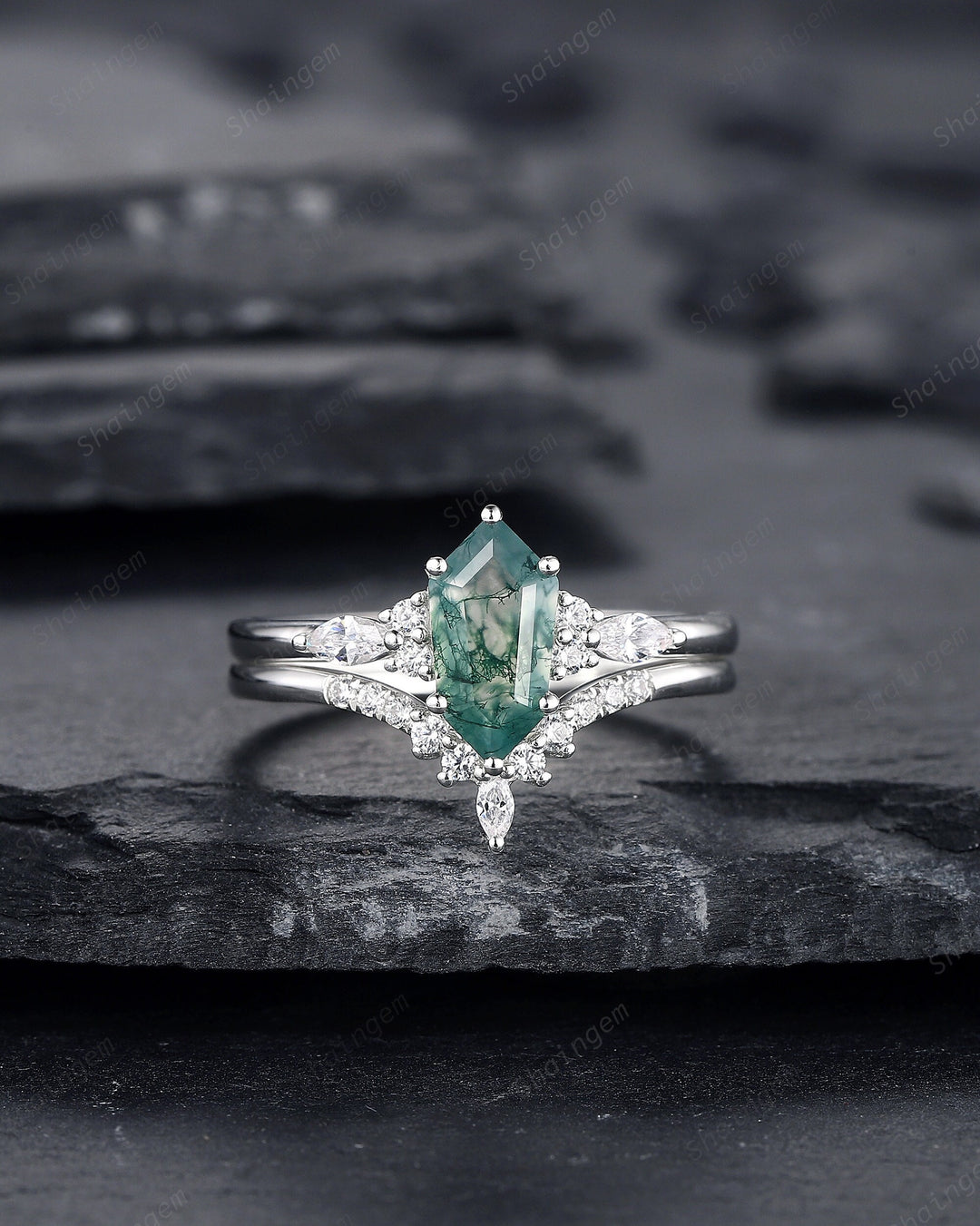 Unique Shield Moss Agate and Diamond Engagement Ring, White Gold Geometric Green Moss Agate Bridal Set, Promise Wedding Ring Gift for her - ShainJewelry