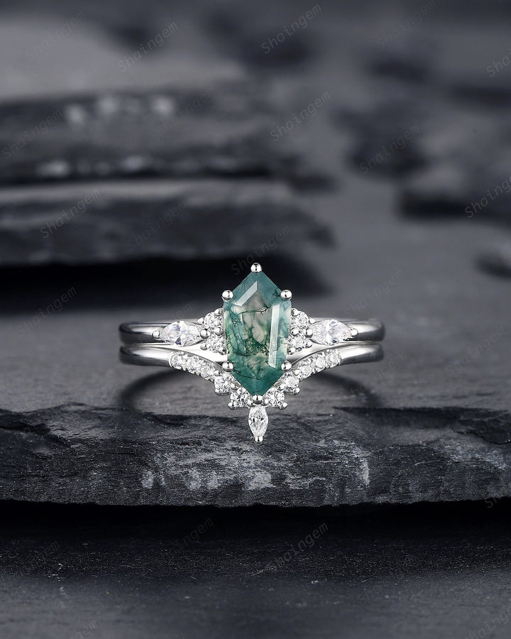 Unique Shield Moss Agate and Diamond Engagement Ring, White Gold Geometric Green Moss Agate Bridal Set, Promise Wedding Ring Gift for her - ShainJewelry