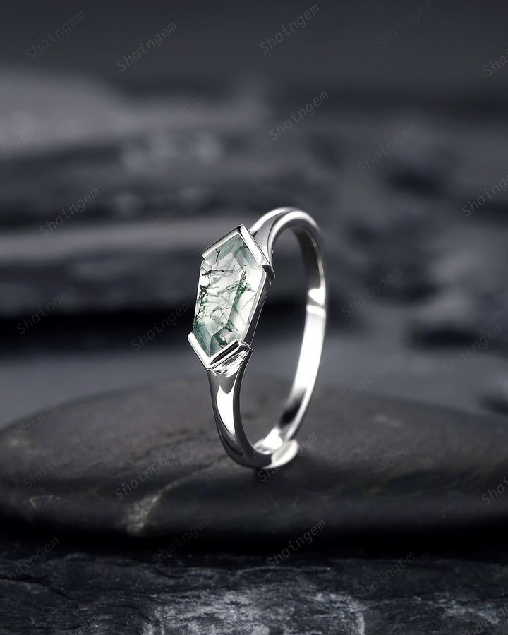 Platinum Unique Shield Cut Moss Agate Engagement Ring, Sterling Silver Solitaire Agate Promise Ring, White Gold Wedding Ring Gift for Women - ShainJewelry