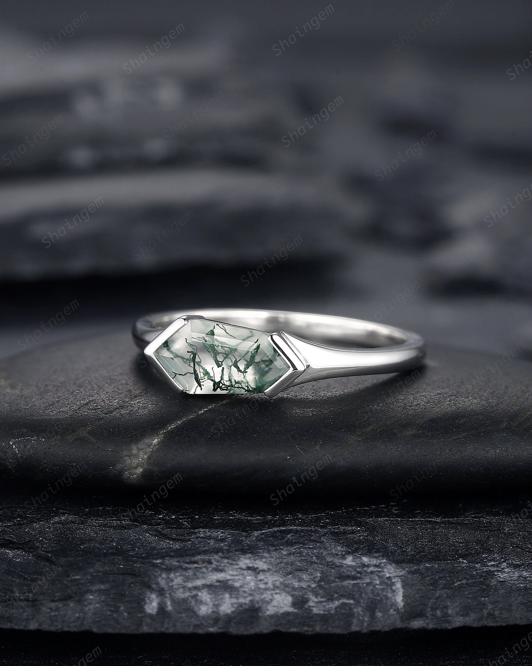 Platinum Unique Shield Cut Moss Agate Engagement Ring, Sterling Silver Solitaire Agate Promise Ring, White Gold Wedding Ring Gift for Women - ShainJewelry